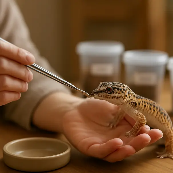 Caregiver using tongs to feed a leopard gecko in an indoor terrarium environment with feeding supplies visible