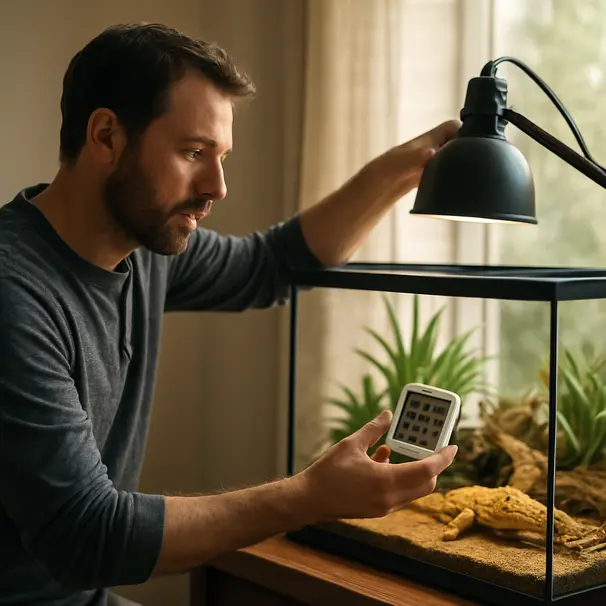 Person checking digital thermostat and hygrometer beside a glass terrarium in a bright room