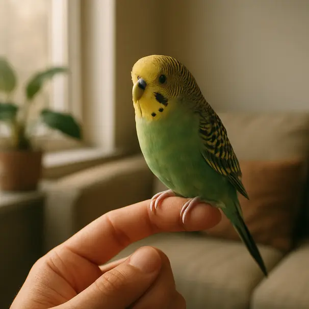 A small budgerigar sits calmly on a person's finger by a sunny window in a cozy living room, showing early gentle contact between bird and owner.