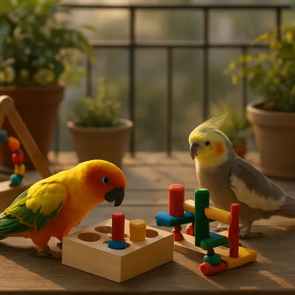 Two pet birds explore colorful toys and foraging puzzles on a balcony play area during golden hour, illustrating outdoor enrichment and varied stimulation.
