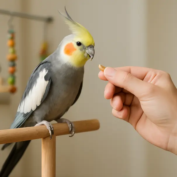 A cockatiel on a wooden perch takes a small treat from a person's hand during a gentle training session inside a well-lit room.