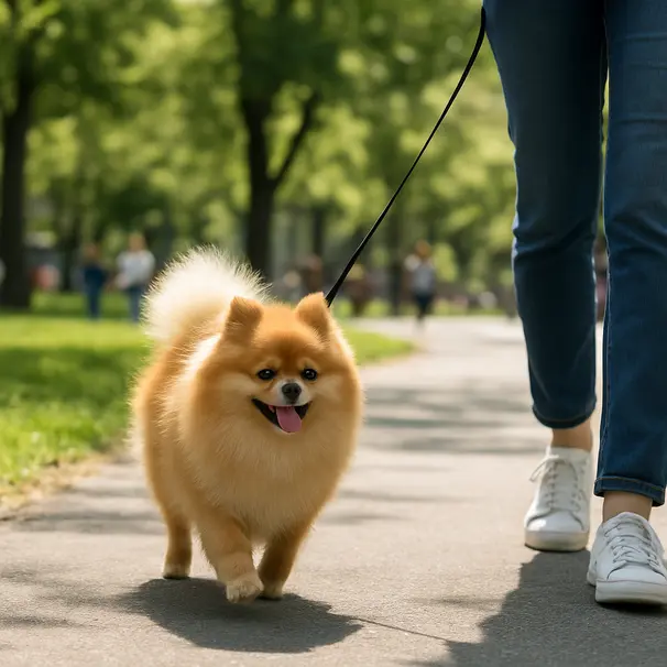 Pomeranian trotting on a leash in a sunny park with green grass and trees, owner walking nearby