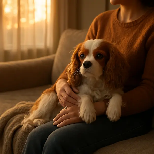 Person sitting on a sofa holding a Cavalier King Charles Spaniel on their lap in a warm living room at sunset