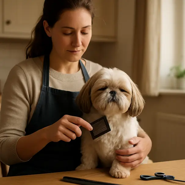 Pet carer gently brushing a Shih Tzu on someone's lap in a bright home interior, grooming tools nearby