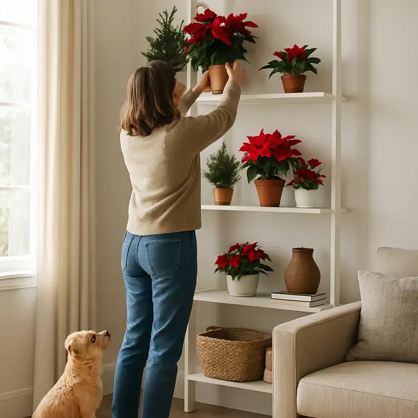 Person placing holiday plants on high shelves while a small dog watches from the floor in a bright living room, daytime scene