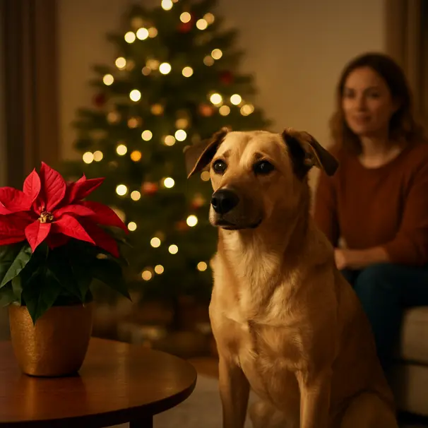 Dog sitting near a poinsettia on a coffee table in a festive living room with warm Christmas lights, owner in background
