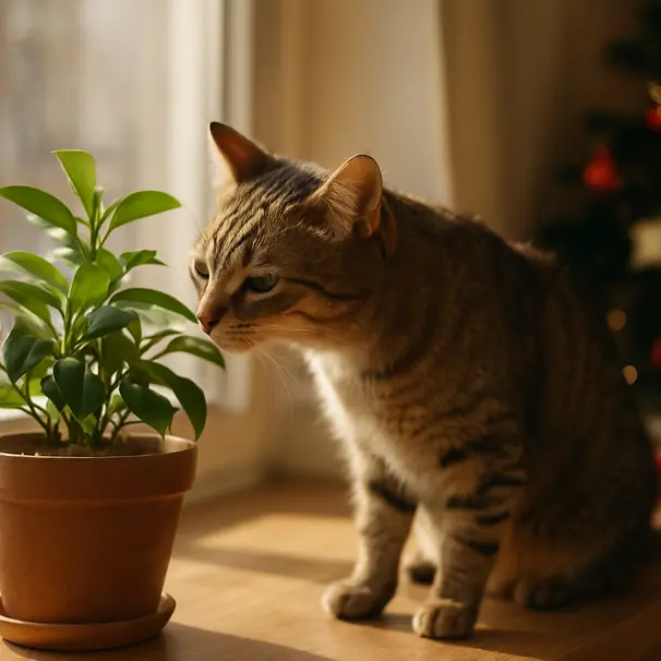 Cat on a windowsill sniffing a houseplant with holiday decorations blurred in the background, indoor cozy scene