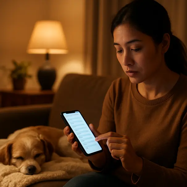 Pet carer in a cozy living room checking a checklist on a smartphone while a small dog curls up on a blanket, warm lamp light and relaxed atmosphere