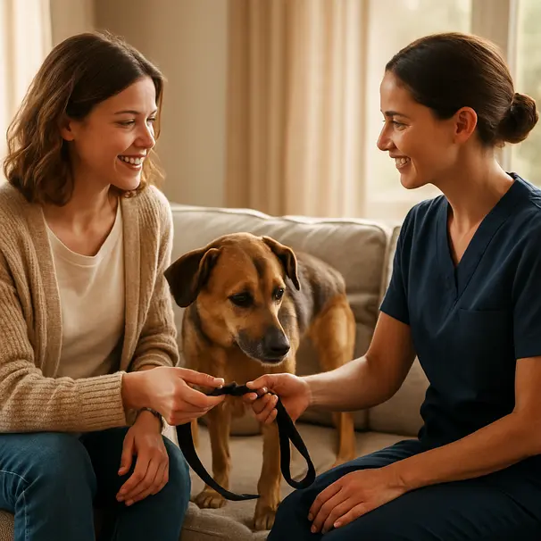 Pet owner and pet carer meeting in a sunny living room with a mixed-breed dog sitting between them; owner hands a leash to the carer while the dog sniffs, cozy home environment