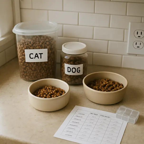 Kitchen counter showing labeled pet food containers, a pill organizer, cat bowls and a printed feeding schedule, photographed in bright midday light