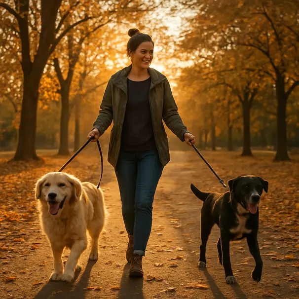 Pet carer walking two different-breed dogs on a tree-lined park path during golden hour, leaves on the ground and warm light, dogs trotting happily