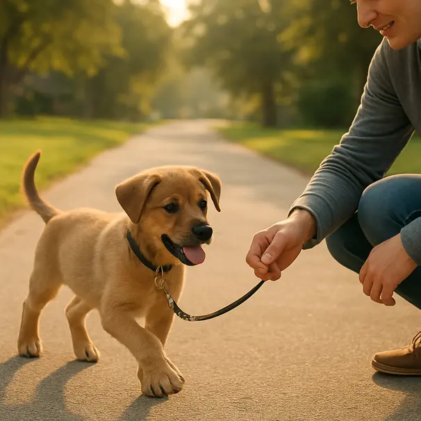 Puppy on leash walking on a quiet sunny path, owner crouched and offering a treat, green grass and morning light