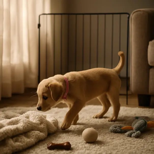 Small puppy with pink collar exploring a gated cozy corner of a living room, blanket and toys nearby, soft sunlight
