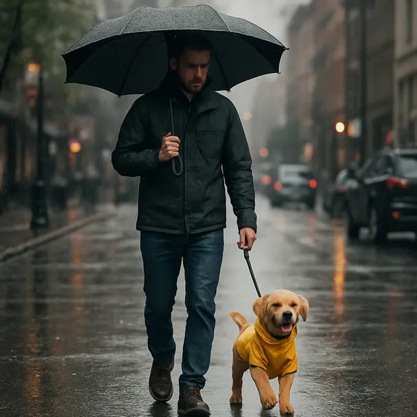 Dog walker on a rainy city street holding a leash with a small puppy in a raincoat, umbrella overhead, wet pavement reflections