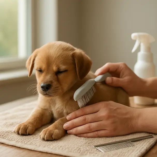 Puppy being brushed on a towel-covered table indoors, owner gently brushing coat, grooming items visible, soft window light