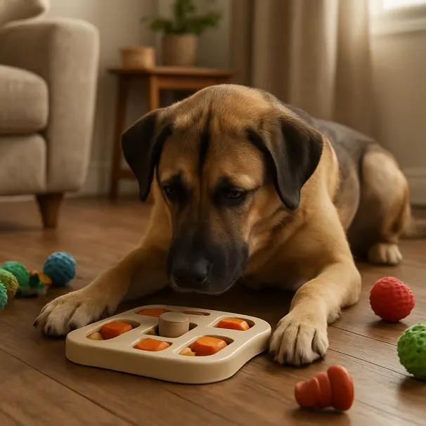 Large dog in a cozy home corner concentrating on a treat puzzle on the floor, toys nearby, afternoon light