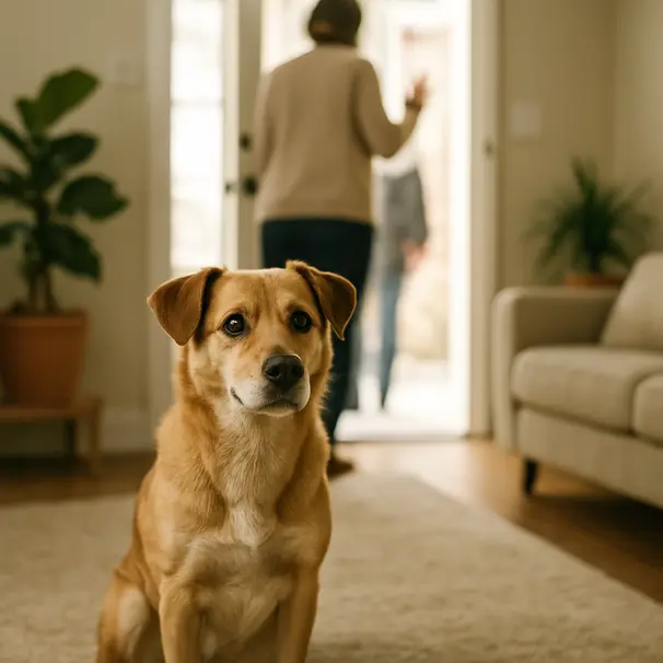 Medium-sized dog in a bright living room watching a guest arrive, calm and curious expression, home environment with rugs and plants