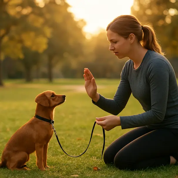 Small brown dog practicing attention exercises with a trainer in a park at golden hour, leash relaxed, treats used as rewards