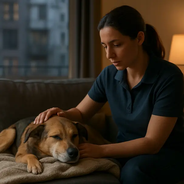 Pet carer comforting a medium-sized mixed-breed dog on a blanket in a city apartment, evening light, relaxed dog