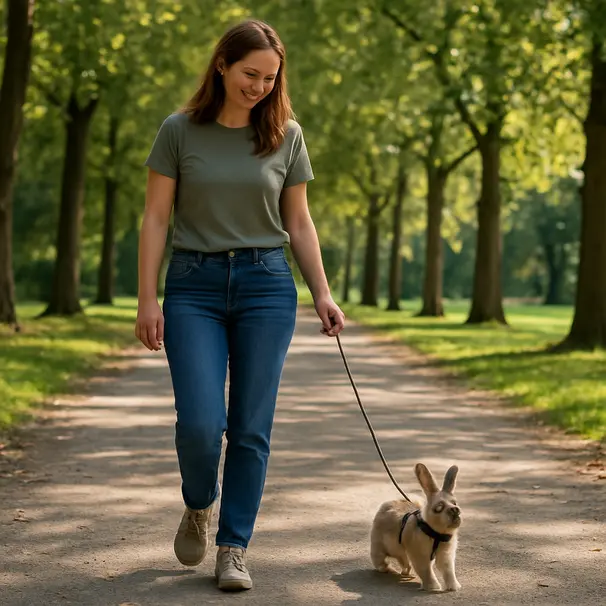 Pet carer walking a small rabbit in a secure harness along a sunny park path, trees and dappled light, showing safe outdoor activity