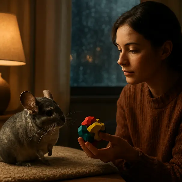 Pet carer giving puzzle toys to a chinchilla indoors on a soft mat during a rainy evening, warm lamp light and cozy atmosphere
