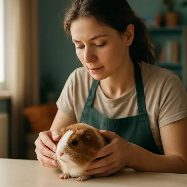 Pet carer gently handling a guinea pig on a table in a bright indoor room, natural morning light, focused on safe handling and calm environment