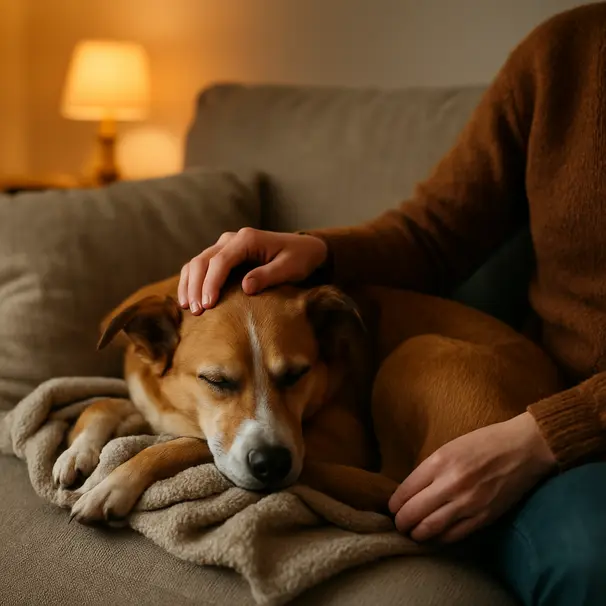 Medium-sized dog lying on a couch while owner gently strokes its head in warm indoor lighting