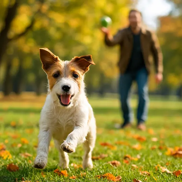 Small terrier running across a sunlit park chasing a ball with owner in the background