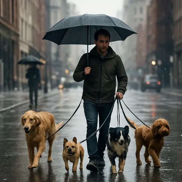 Dog walker in a wet city street walking several dogs of different breeds under umbrellas with wet pavement reflections