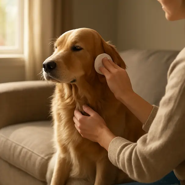 Owner gently checking a golden retriever's ear on a sofa in a warm living room, close-up of hand and ear with natural light