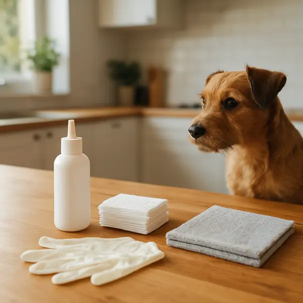 Flat lay of ear-cleaning supplies on a wooden table with a small brown terrier sitting nearby in a bright kitchen