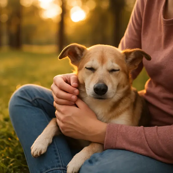 Small mixed-breed dog cuddling with owner on a park bench at sunset after ear cleaning, warm backlight and relaxed atmosphere
