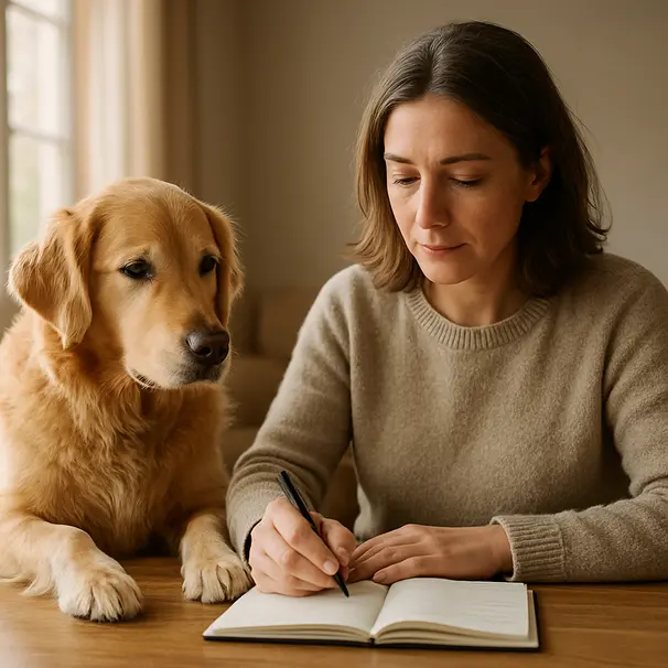 Cuidador sentado con libreta en una mesa dentro de casa mientras un golden retriever está tranquilo junto a él