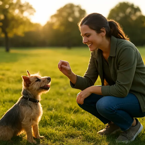 Cuidador agachado en un parque entregando una recompensa a un terrier que está sentado sobre el césped