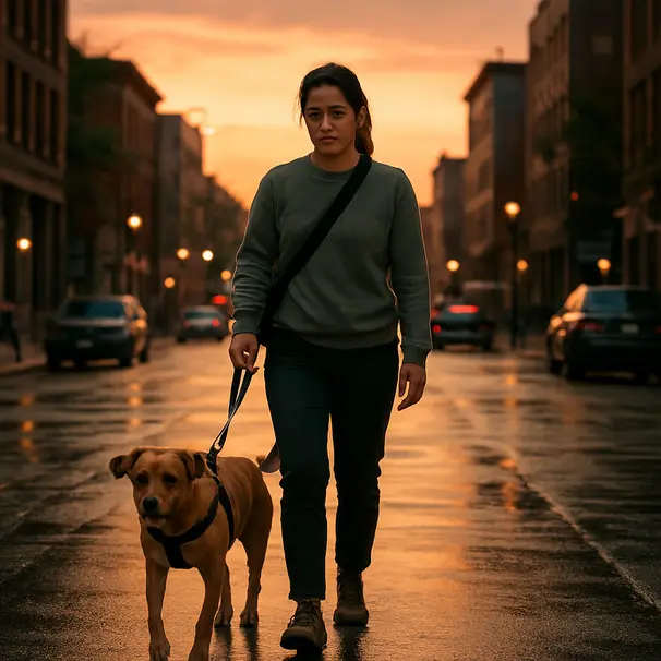 Cuidador caminando por una calle de la ciudad al atardecer con un perro de tamaño medio con arnés