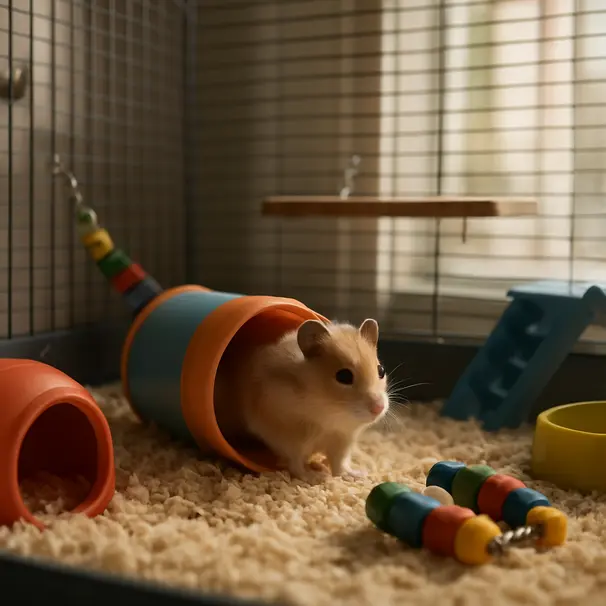 Hamster tutkimassa turvallista häkkiä, jossa tunnelileluja ja pehmeä pohja sisätiloissa.