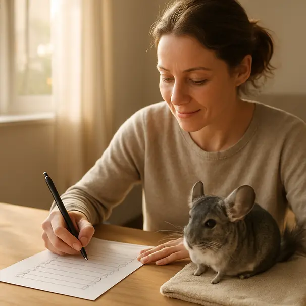 Hoitaja täyttää hoito-ohjeita ja rauhallinen chinchilla istuu pyyhkeen reunalla ikkunan valossa.
