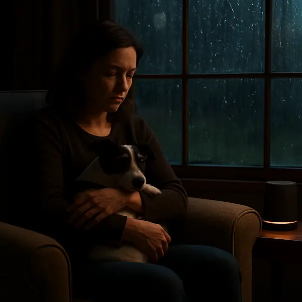 Pet sitter holding a small terrier beside a window showing heavy rain, a speaker playing calming music on the side table