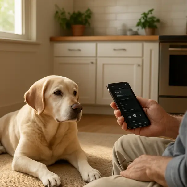 Owner making a calming playlist on a smartphone while a senior Labrador lies nearby on the kitchen floor, morning sunlight