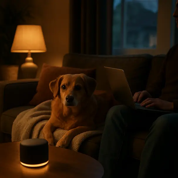 Medium-sized mixed-breed dog resting on a sofa while owner plays calming music on a laptop, living room scene with lamp and speaker
