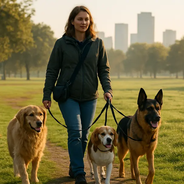 Professional dog carer walking three calm dogs in a park with a portable speaker attached to their bag, morning light and grass visible