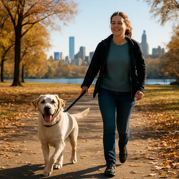 Dog sitter walking a joyful Labrador on a leafy city park path during midday, leash in hand, autumn leaves around