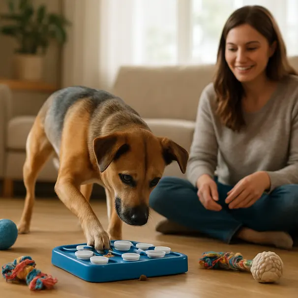 Sitter supervising a medium-sized mixed-breed dog solving a food puzzle on the living room floor with toys around