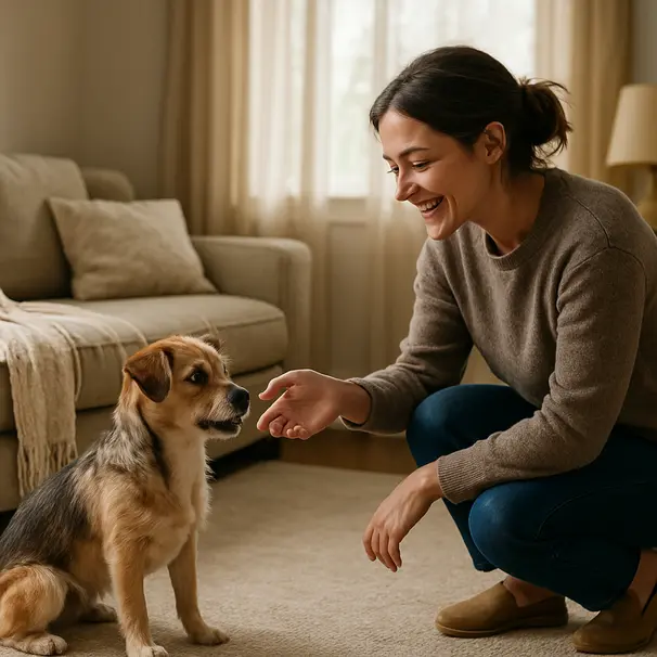 Dog sitter kneeling in a cozy living room greeting a small mixed-breed dog near a sunlit window