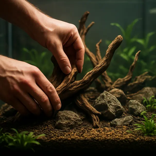 Close-up of hands placing driftwood and rocks in a planted aquarium, showing gravel substrate and emerging plants, indoor lighting