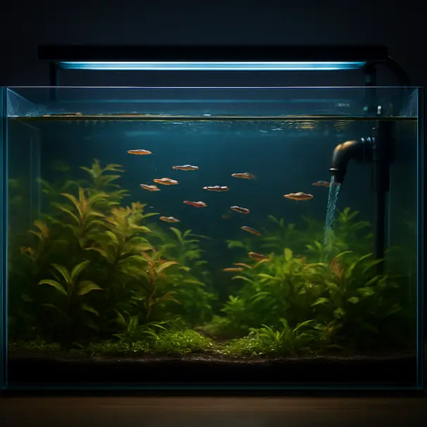 Planted aquarium at dusk with LED lights on, visible filter outlet, gentle surface ripples, fish schooling among plants