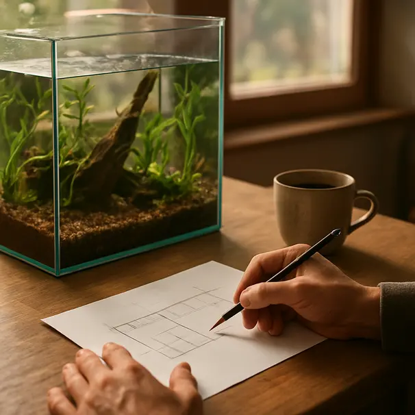 Pet carer sketching an aquarium plan on paper next to a planted tank, indoor scene with natural light and visible driftwood and plants inside the aquarium