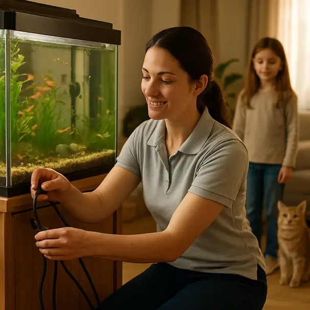 Pet carer checking aquarium equipment and securing cords in a living room, with a child and cat nearby but kept at a safe distance