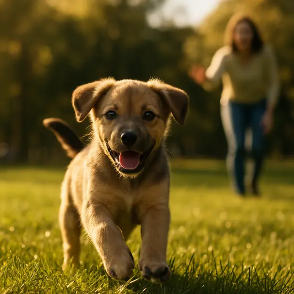 Small girl puppy running in a sunny park toward the camera with owner in the background, grass and trees visible, happy expression