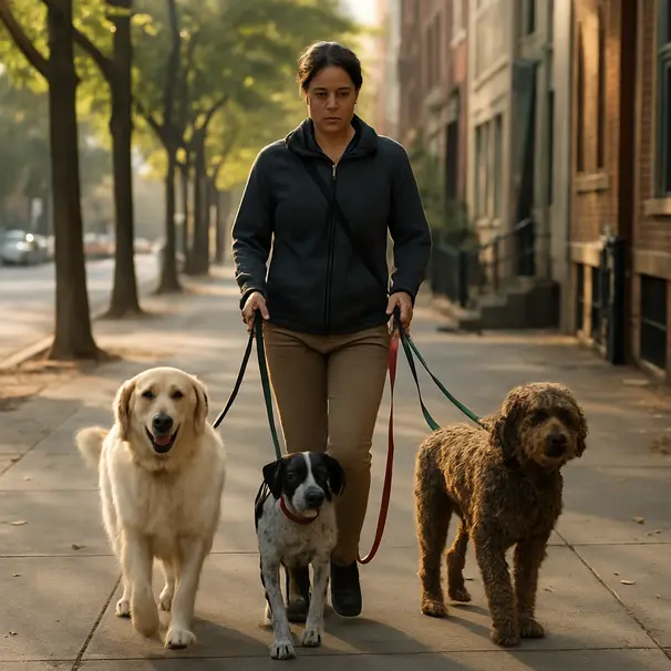 Dog walker with three girl dogs of different breeds walking on a city sidewalk in morning light, buildings and trees along the street